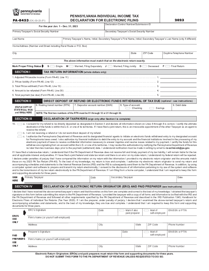 Pennsylvania Form PA-8453