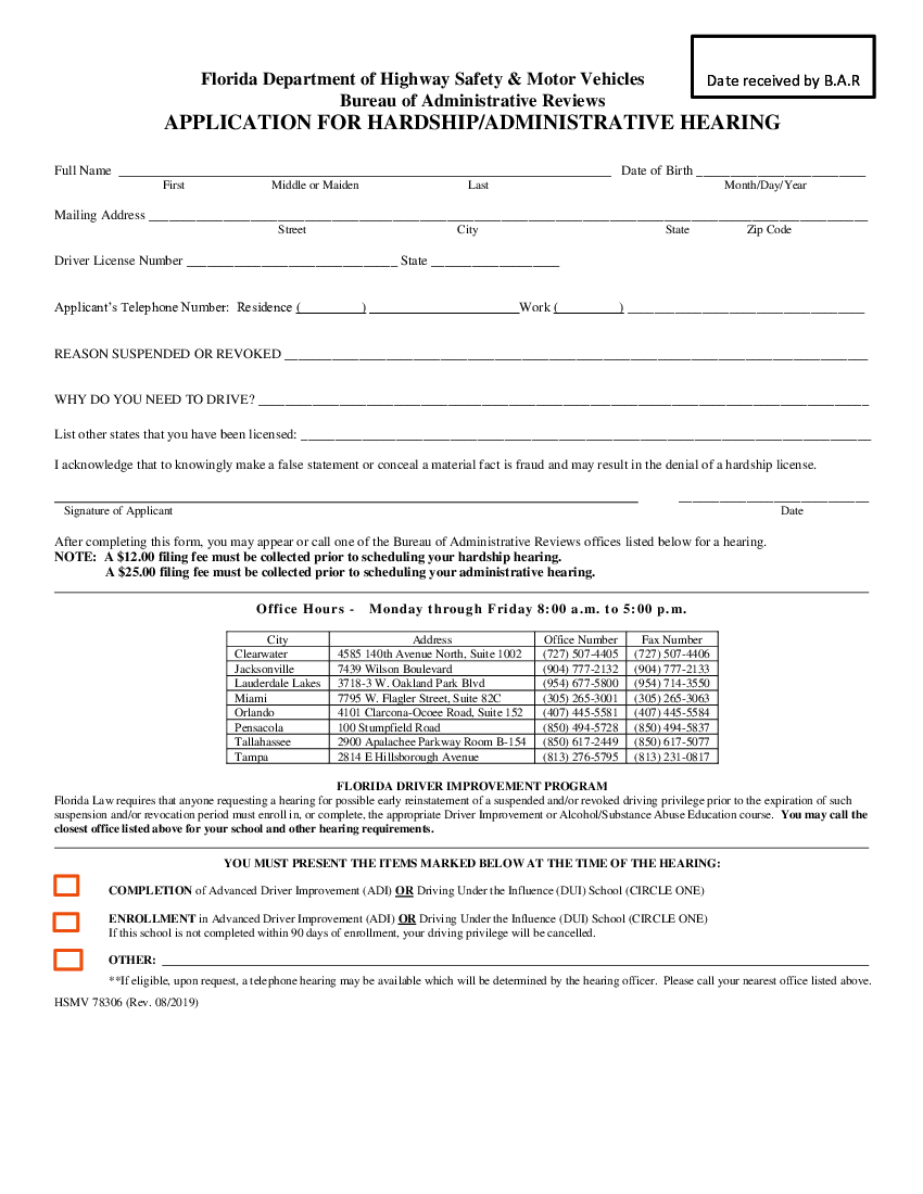 Form FL HSMV 78306, Application for Hardship - Administrative Hearing