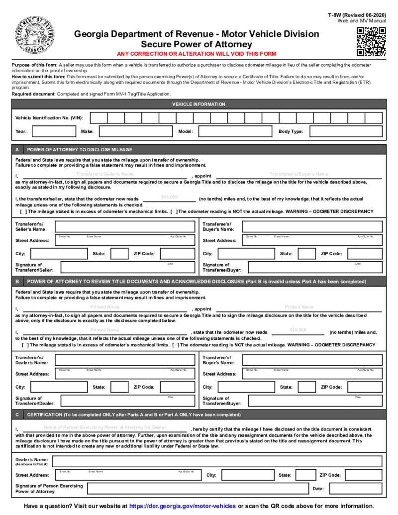 Form T-8W, Motor Vehicle Division Secure Power of Attorney - Georgia