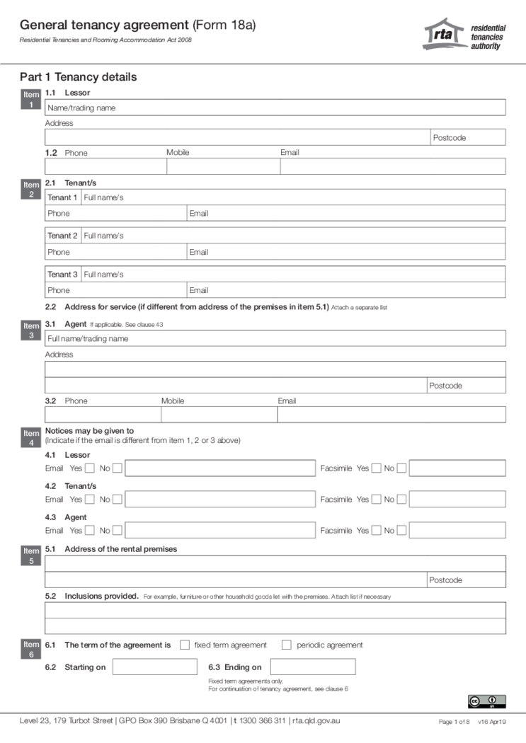 General tenancy agreement (Form 18a)