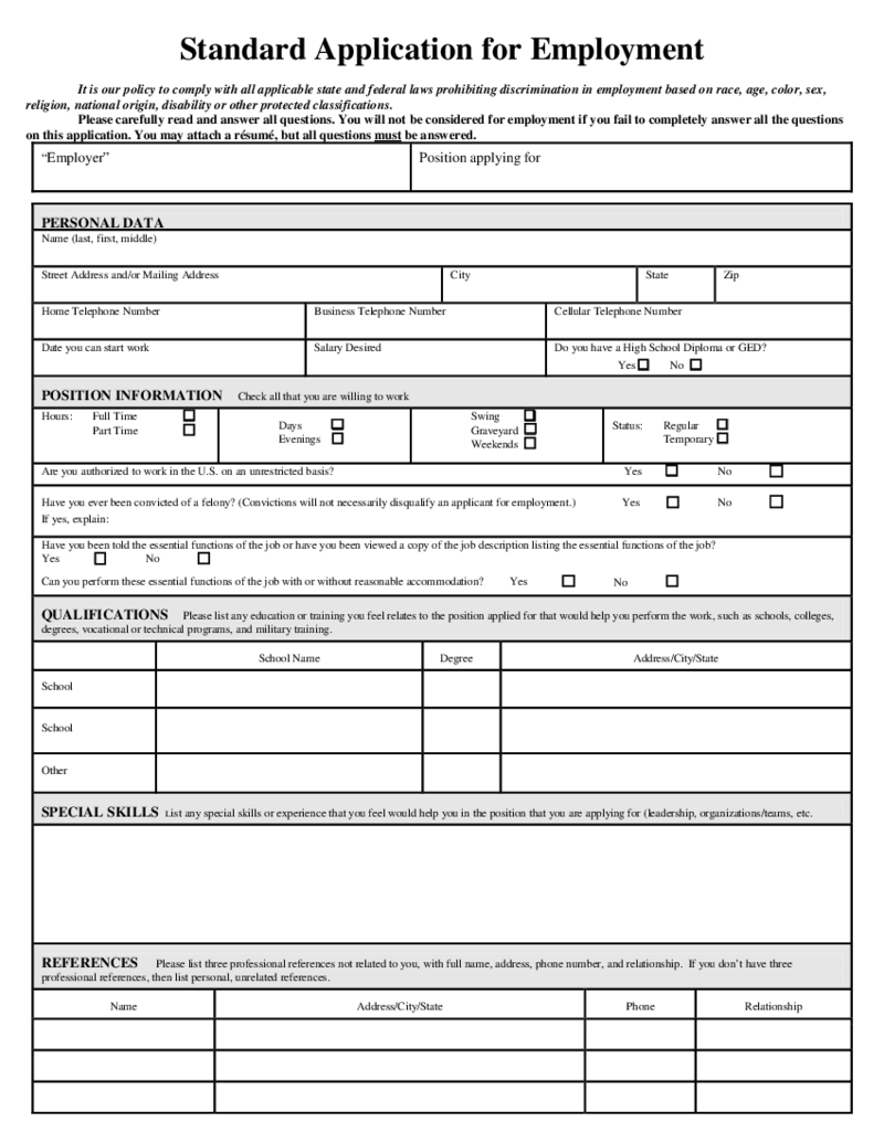 Standard Employment Application Form