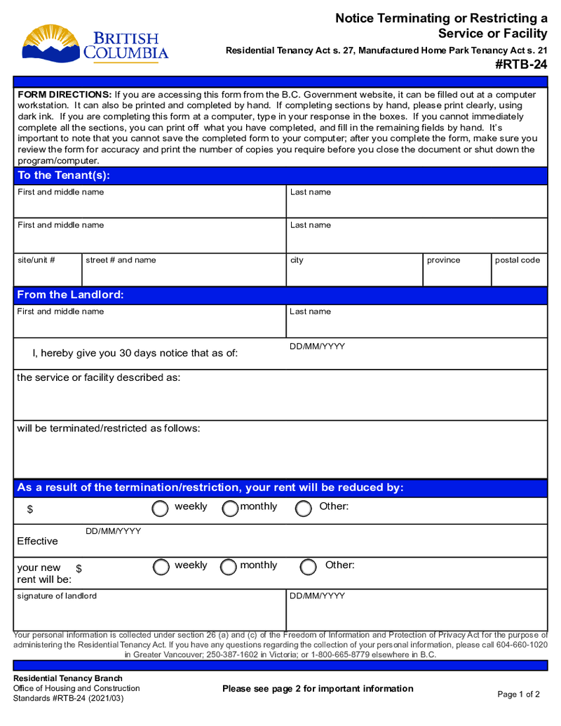 Notice Terminiating a Serivce or Facility, RTB-24