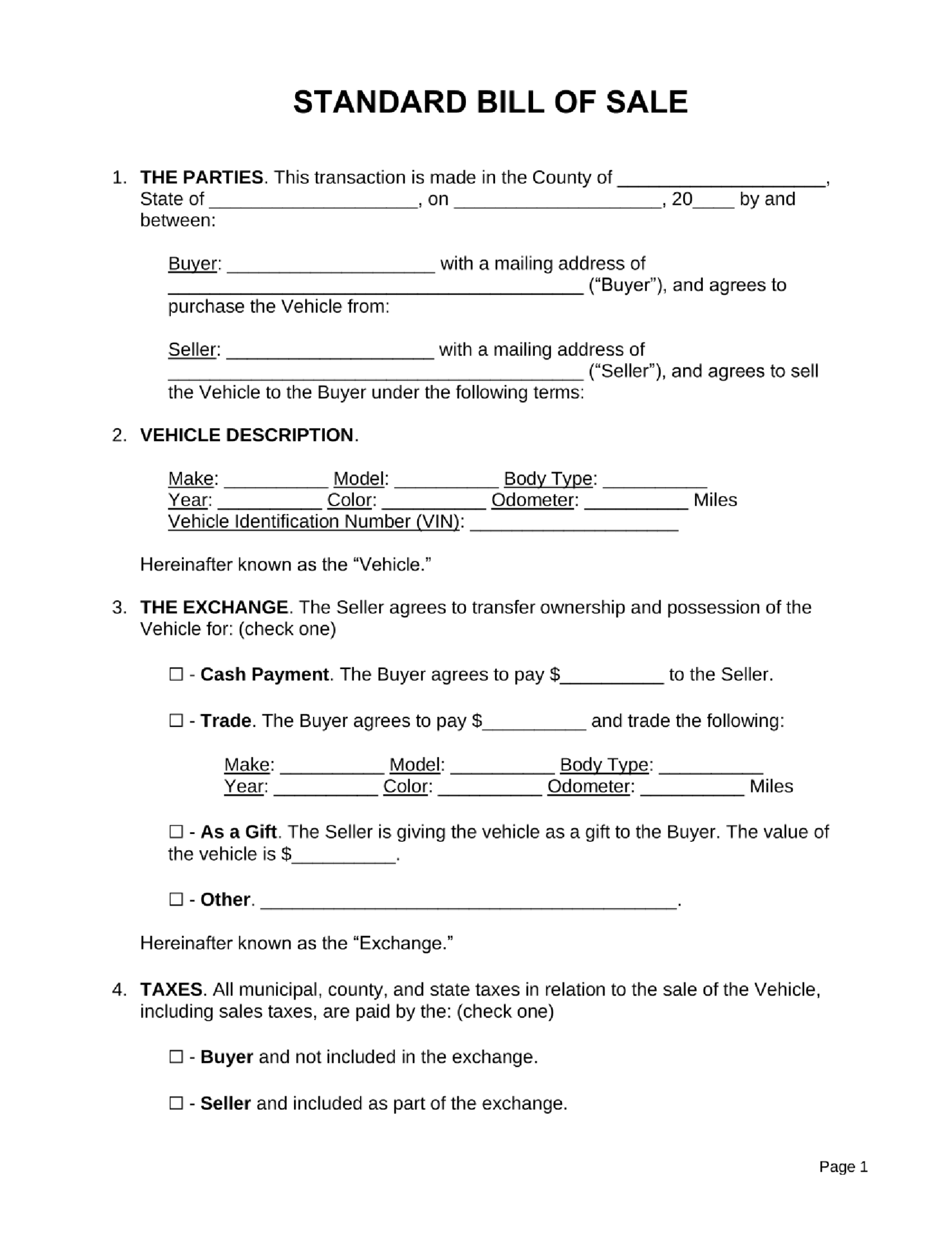 Bill of Sale Form - Thumbnail