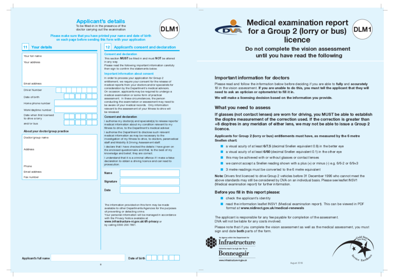 DLM1 Form, Medical report for a Group 2 (lorry or bus) licence