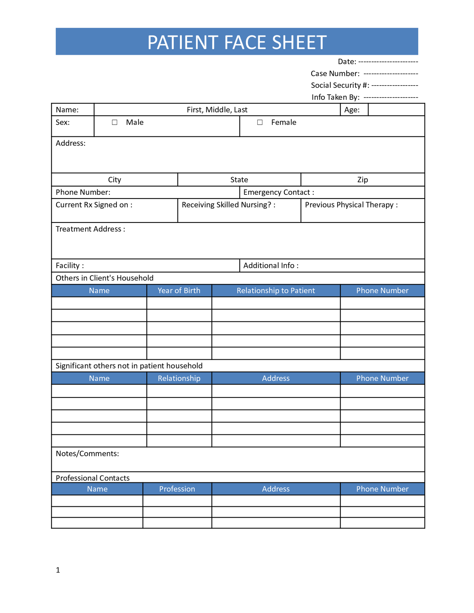 Fillable Patient Face Sheet Form - Thumbnail