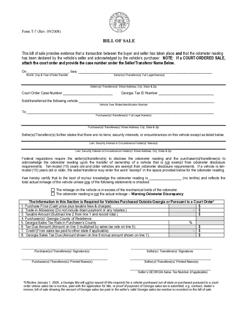 Georgia Bill of Sale Form T-7