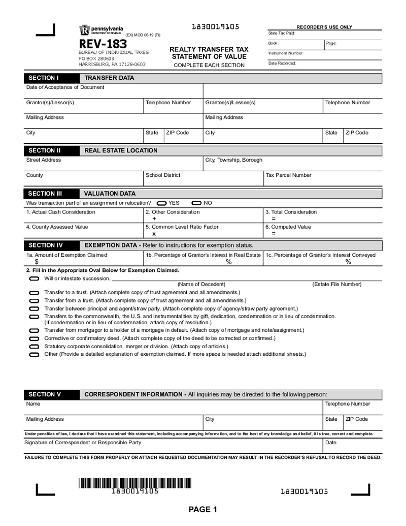 Form REV-183 - Realty Transfer Tax Statement of Value