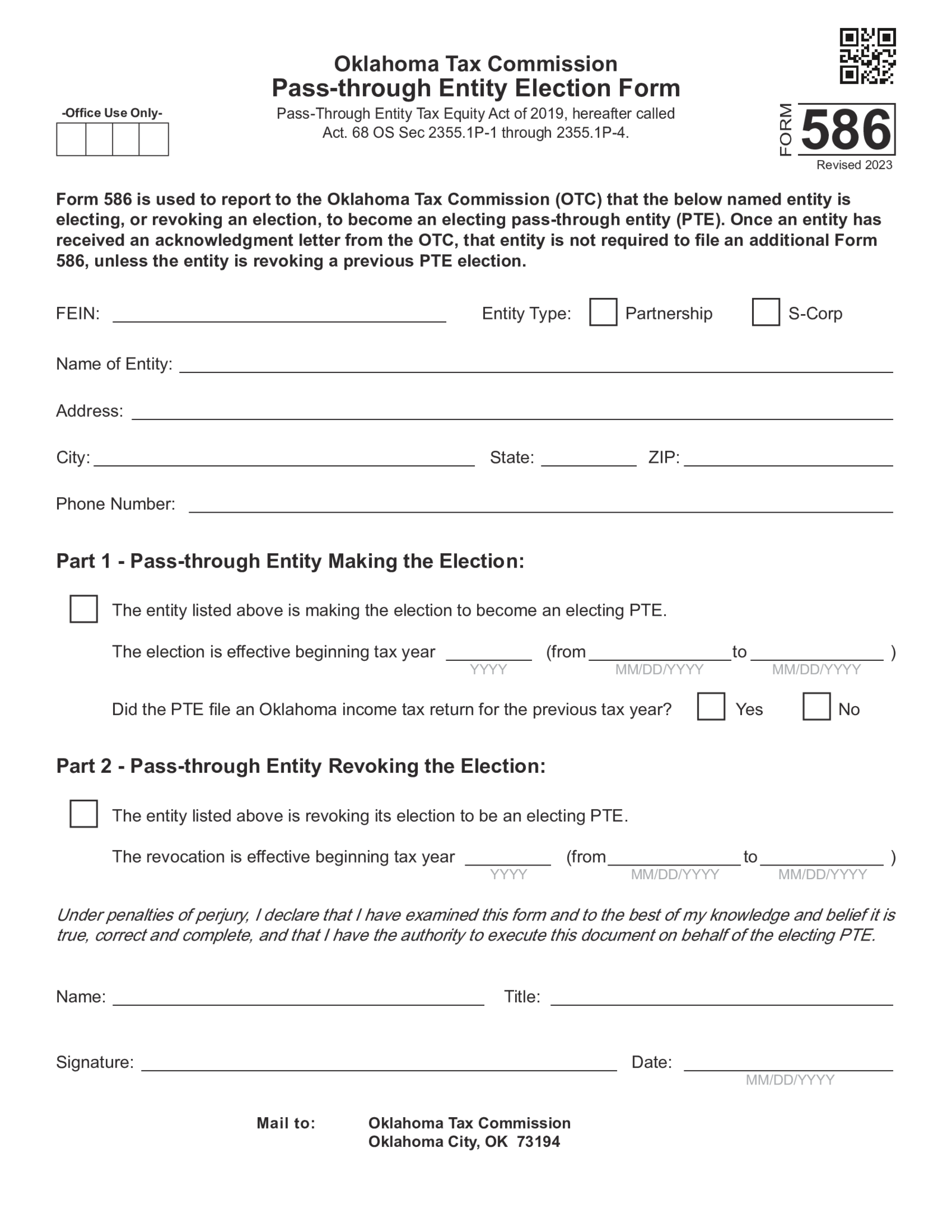 Form 586 Oklahoma Pass-through Entity Election Form - Thumbnail