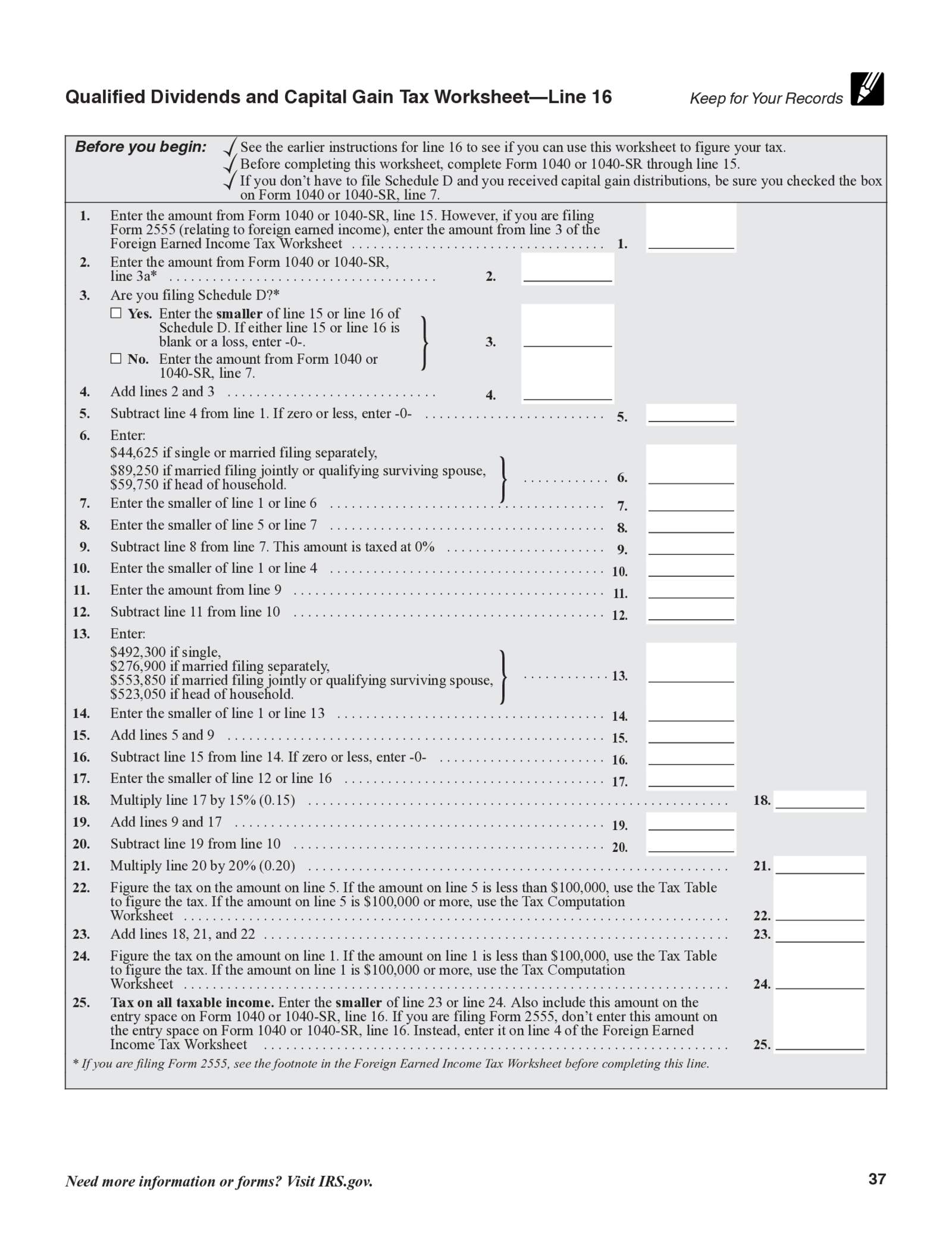 Qualified Dividends and Capital Gain Tax Worksheet - line 16 - Thumbnail