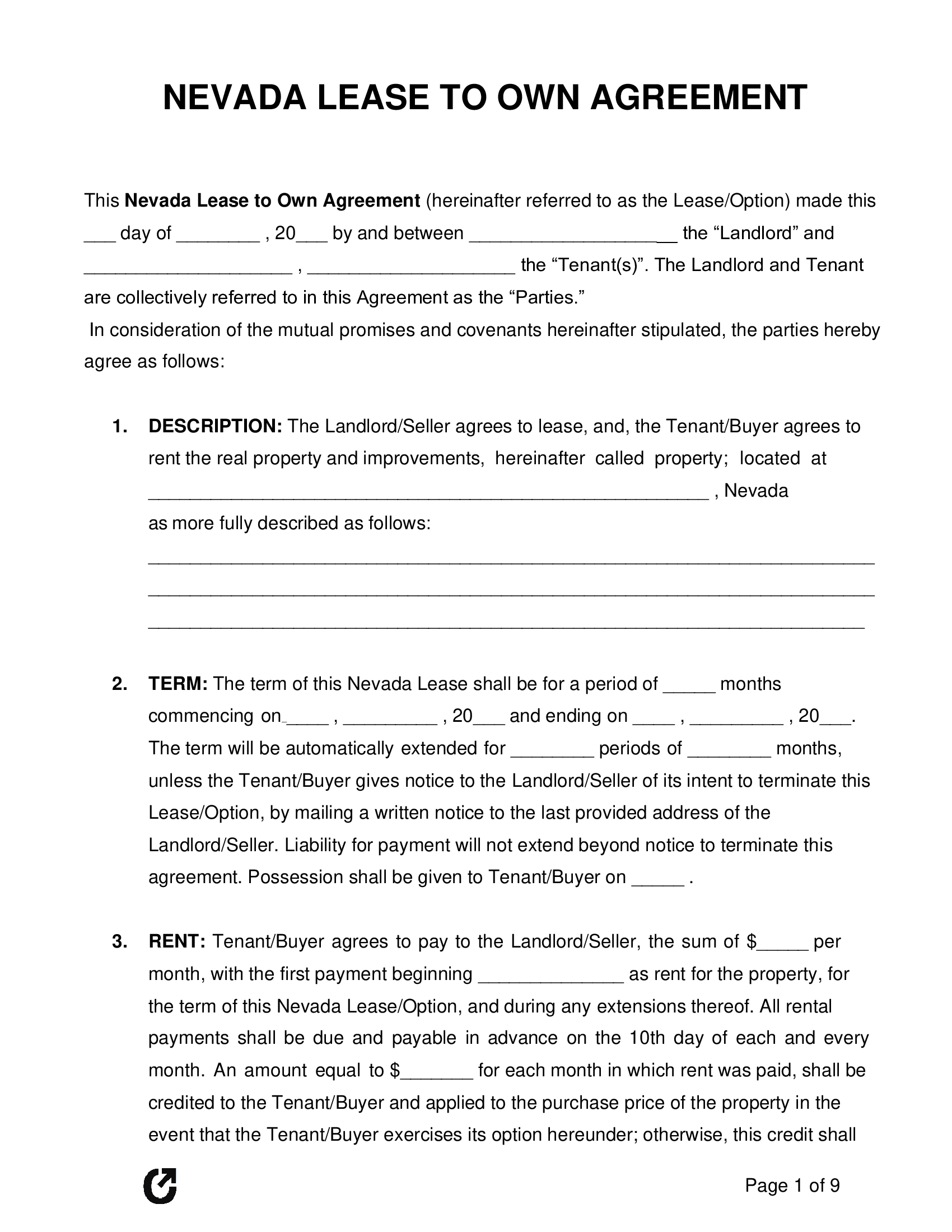 Nevada Lease to Own Agreement - Thumbnail