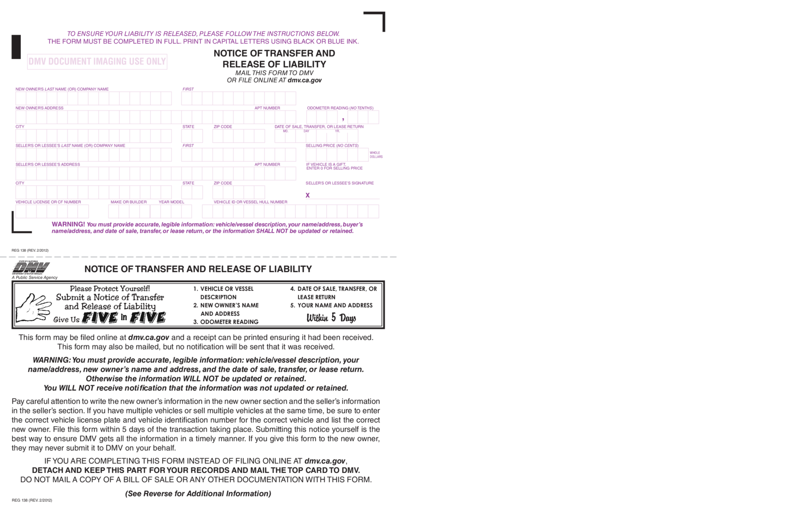 REG 138, Notice of Transfer and Release of Liability - Thumbnail