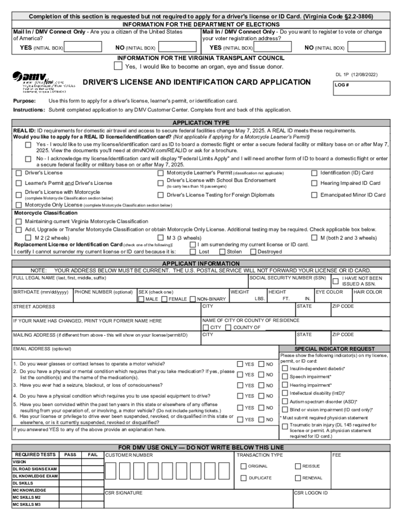Virginia ID Card Application - DL1P Form