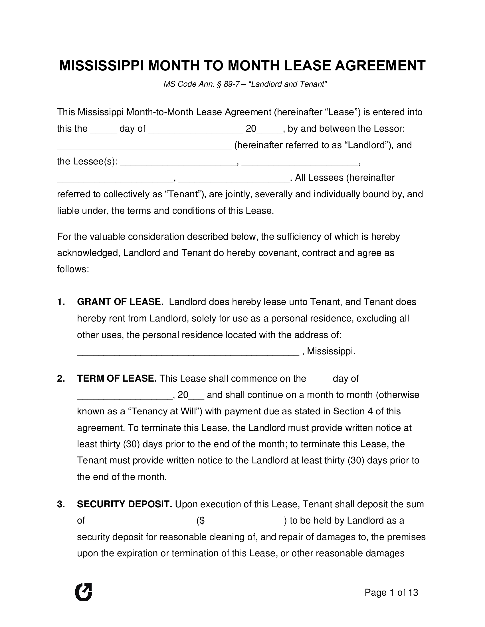 Mississippi Month-to-Month Rental Agreement - Thumbnail