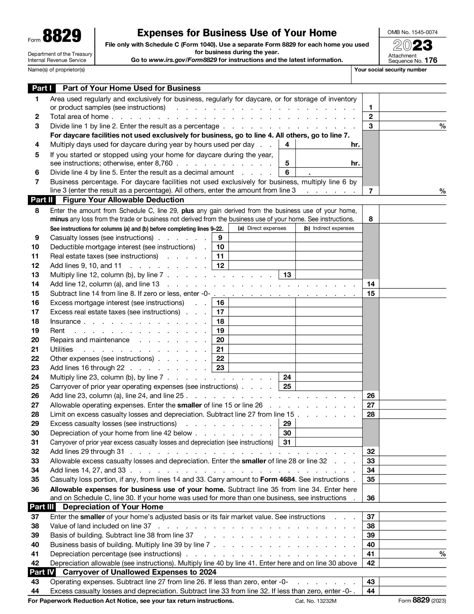 Form 8829 Expenses for Business Use of Your Home (2023) - Thumbnail