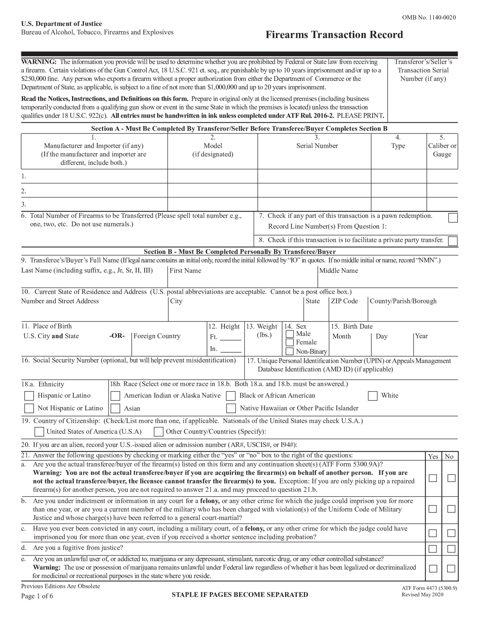 Fillable Form 4473 Firearms Transaction Record - Thumbnail