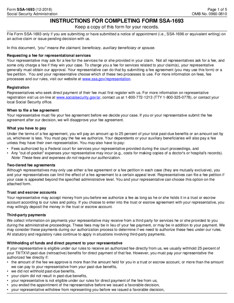 SSA-1693, Fee Agreement for Representation