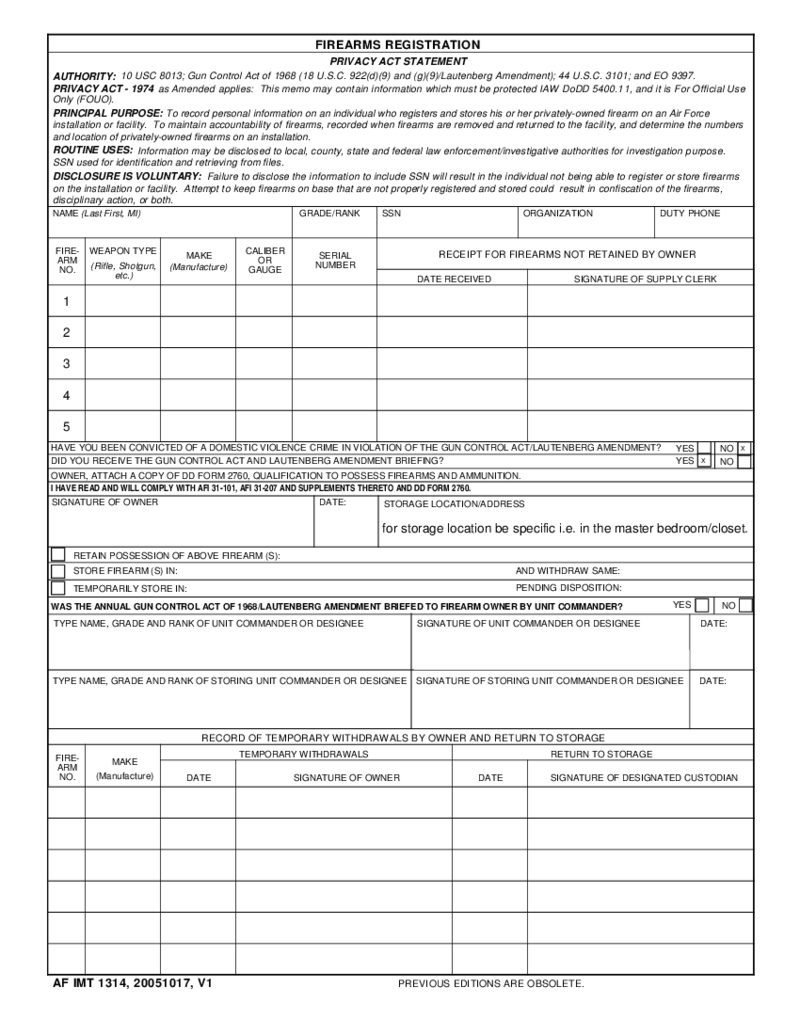 AF Form 1314 - Firearms Registration