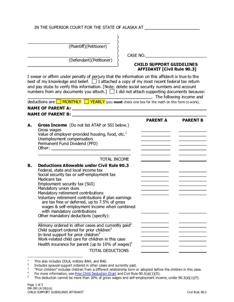 DR-305 Child Support Guidelines Affidavit