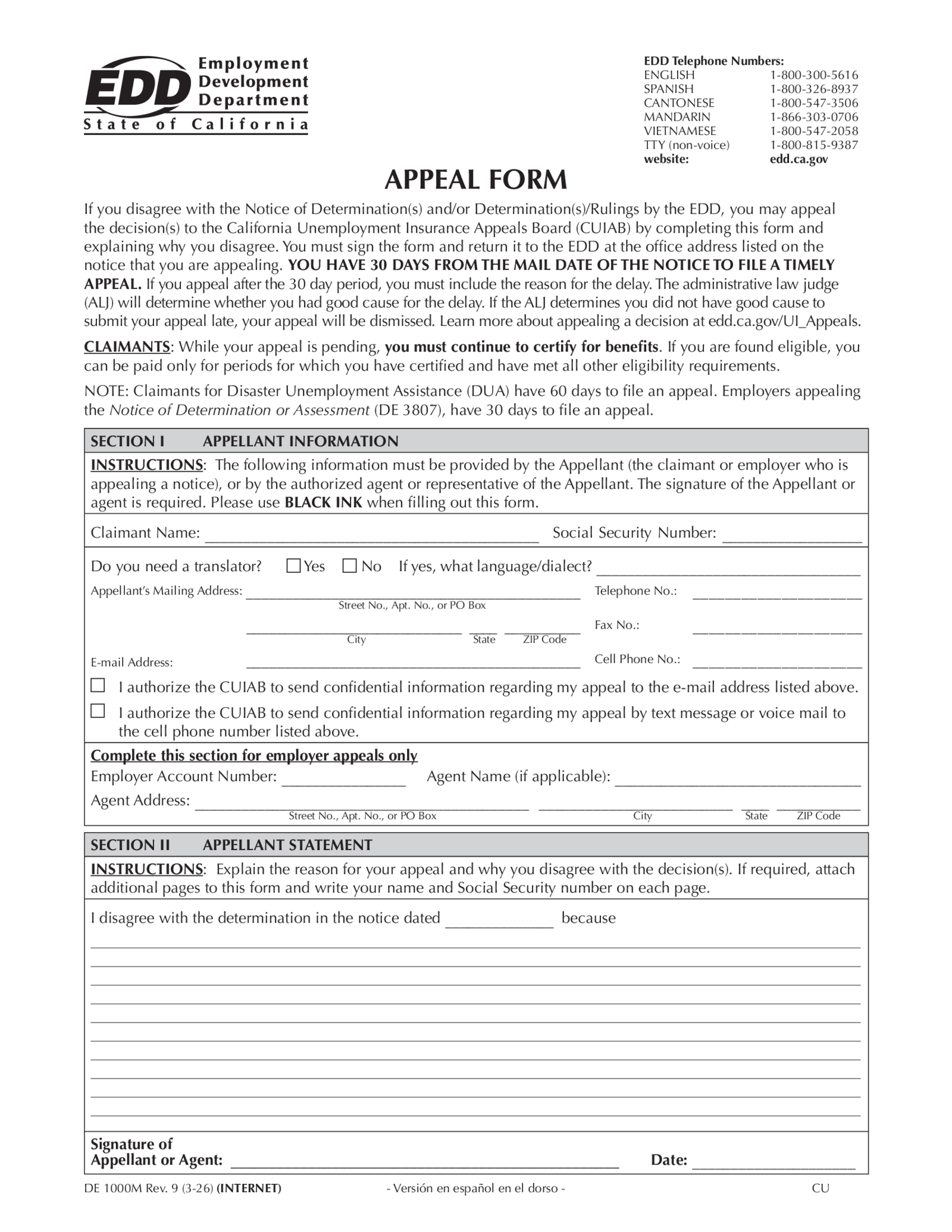 Appeal Form DE 1000M Rev. 9 (3-26) - Thumbnail