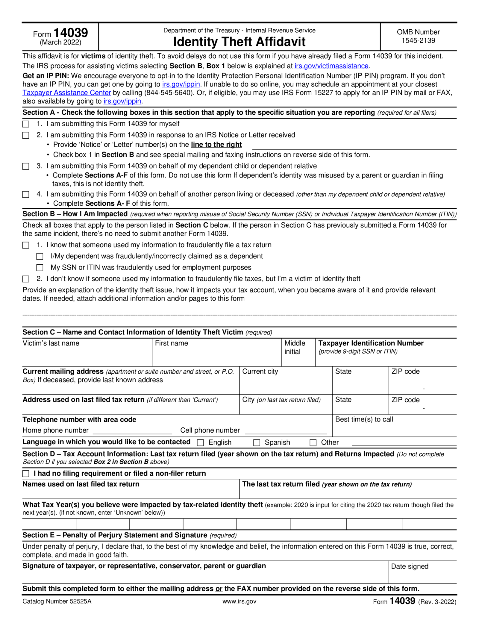 IRS Form 14039 - Thumbnail