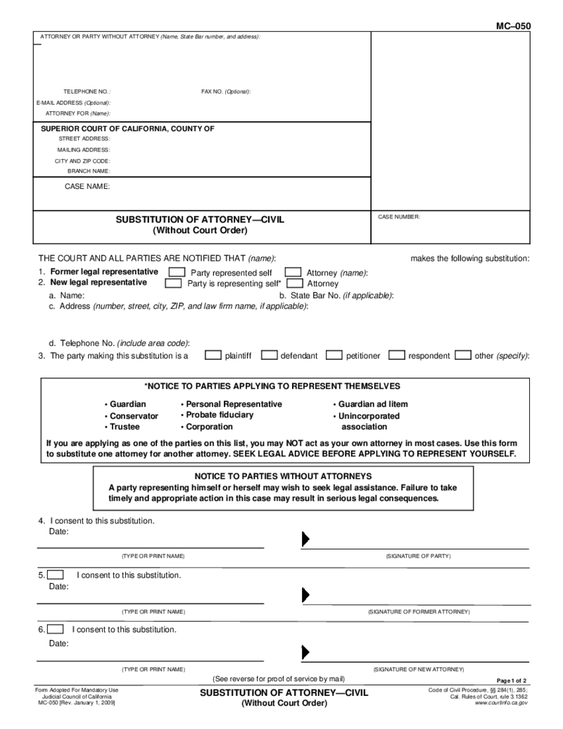 MC-050 Substitution of Attorney-Civil (Without Court Order)