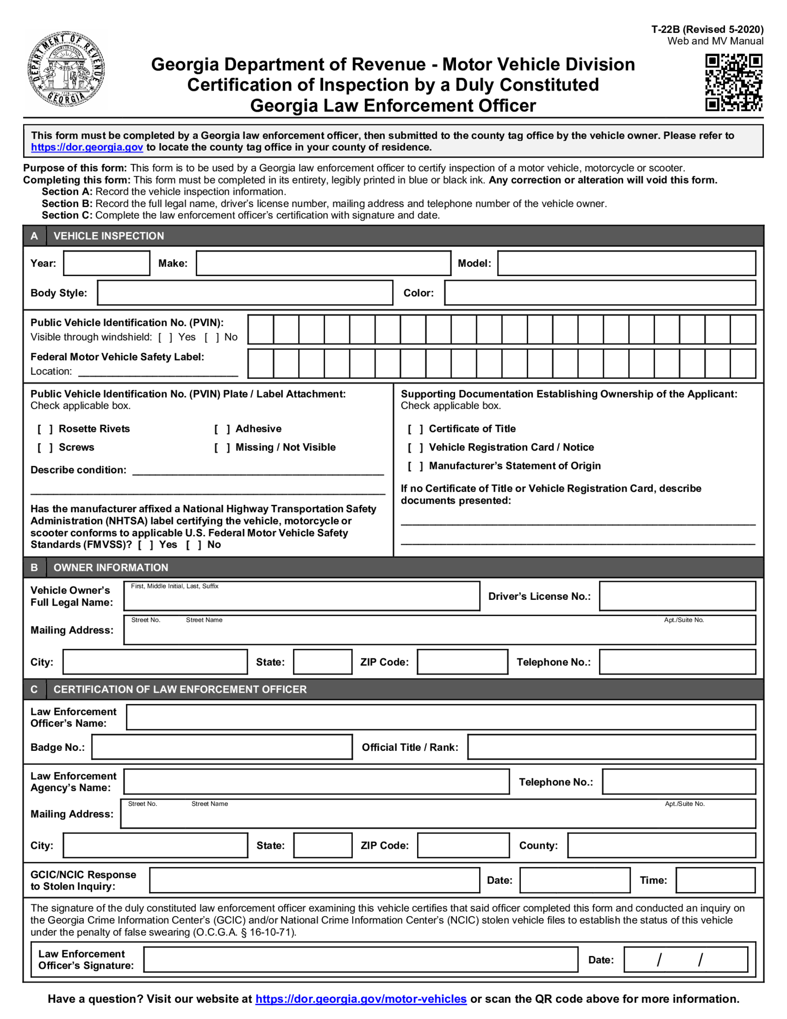 Form T-22B, Georgia Department of Revenue - Thumbnail