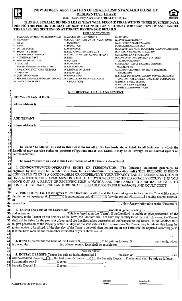 New Jersey Rental Lease Agreement