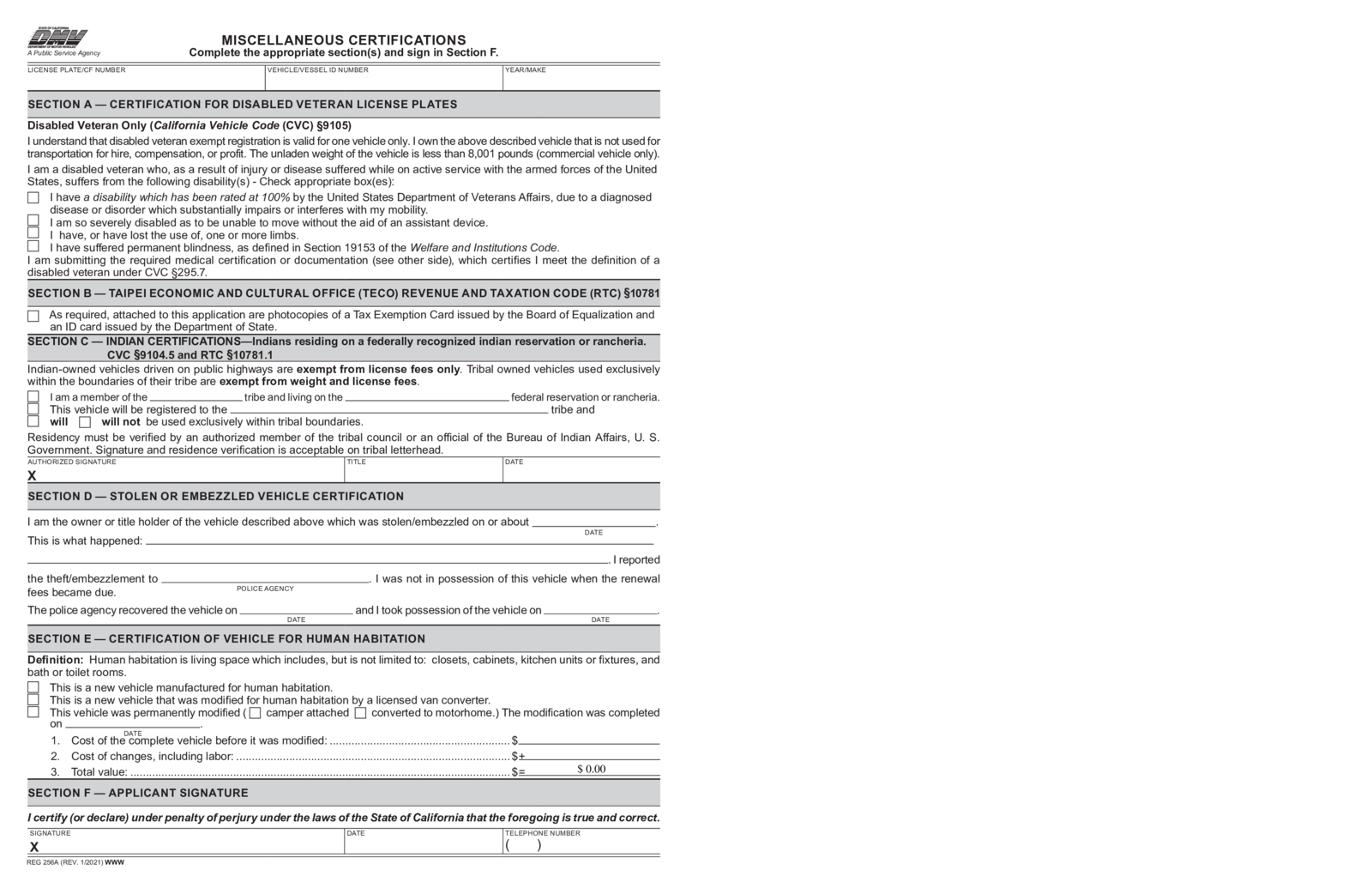 REG 256A Miscellaneous Certifications - Thumbnail