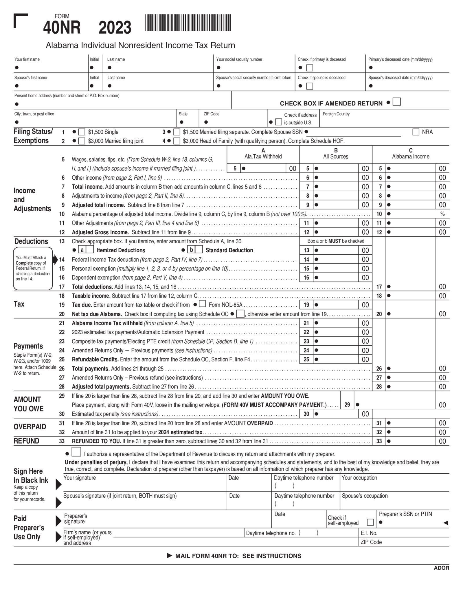 Alabama Tax Form 40NR - Thumbnail