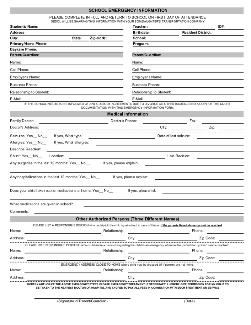 School Emergency Contact Form