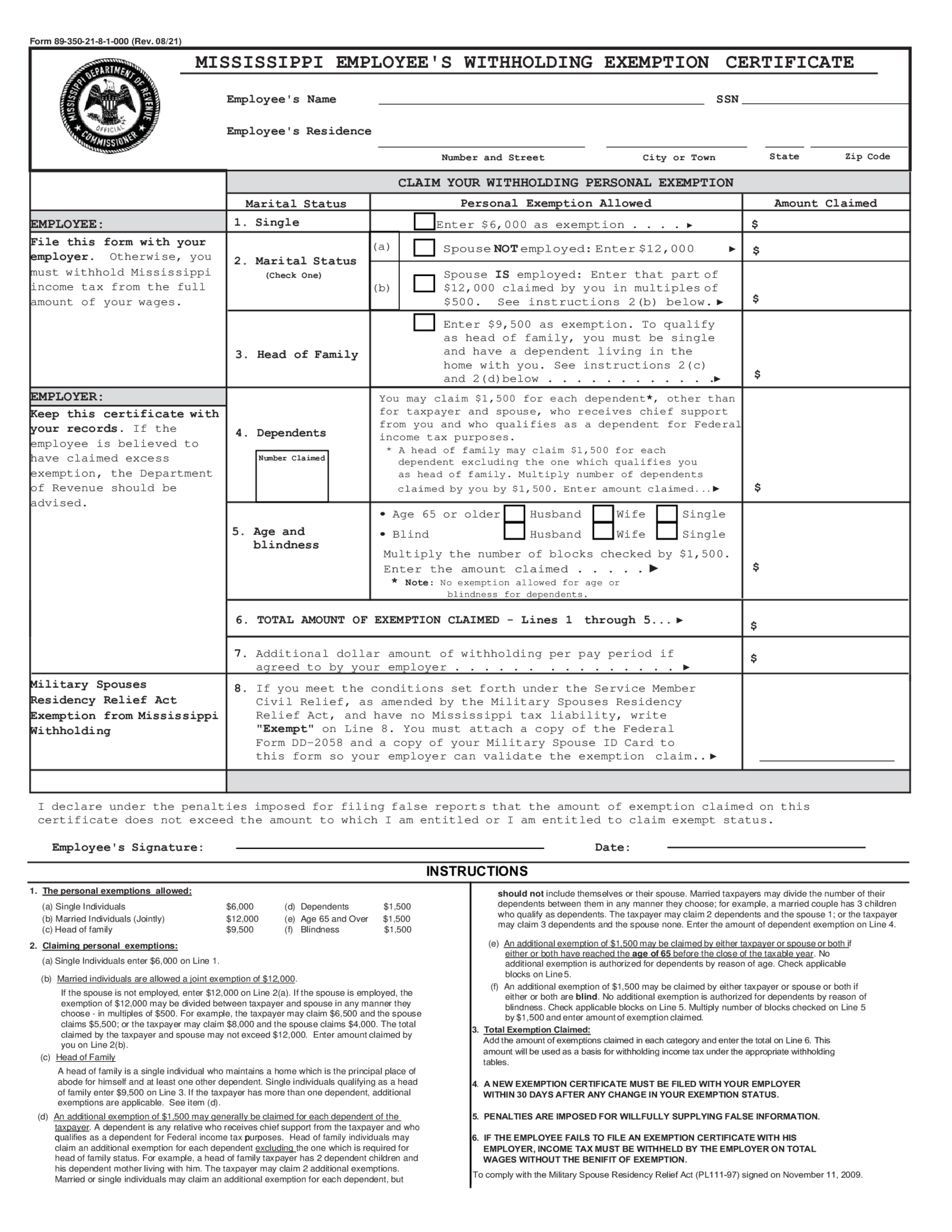 Mississippi Withholding Exemption Certificate - Thumbnail