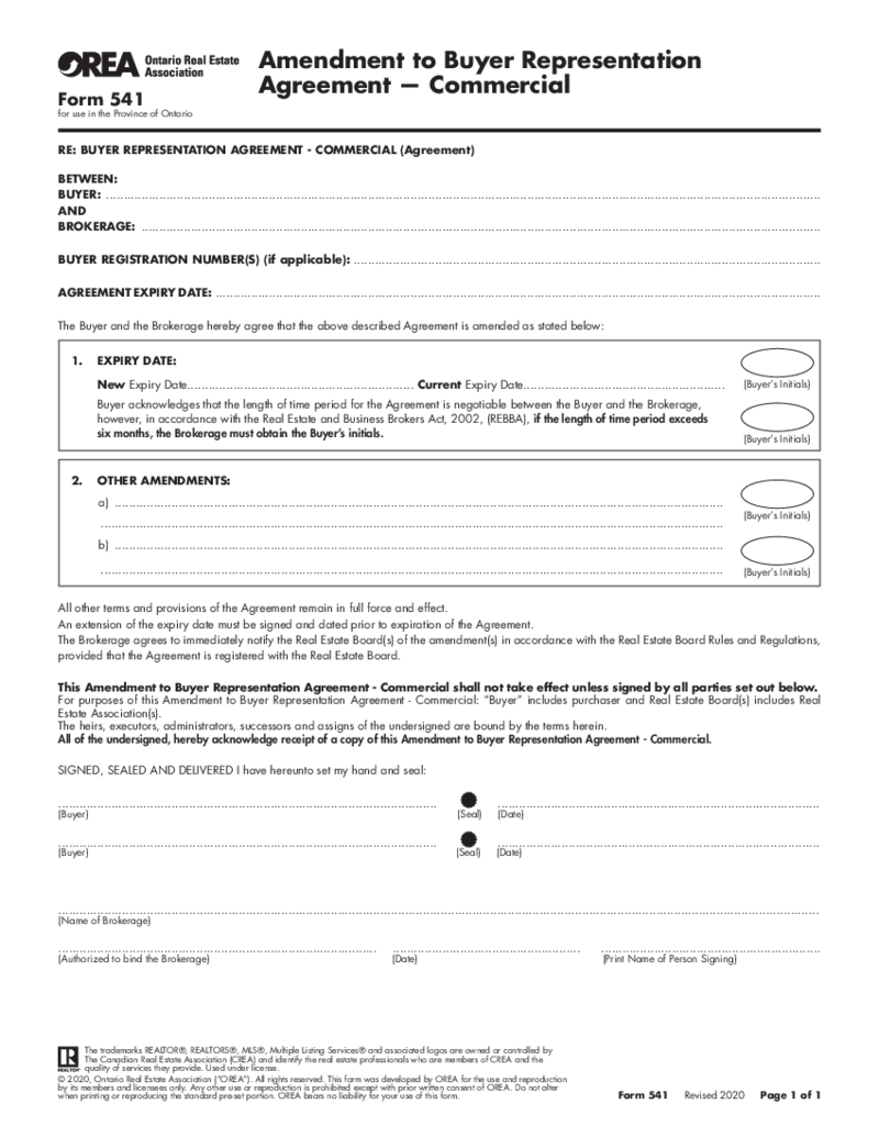 Form 541, Amendment to Buyer Representation Agreement