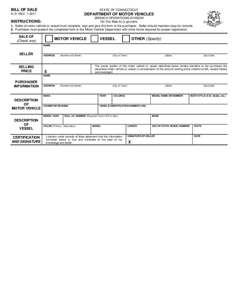 Connecticut Bill of Sale Form