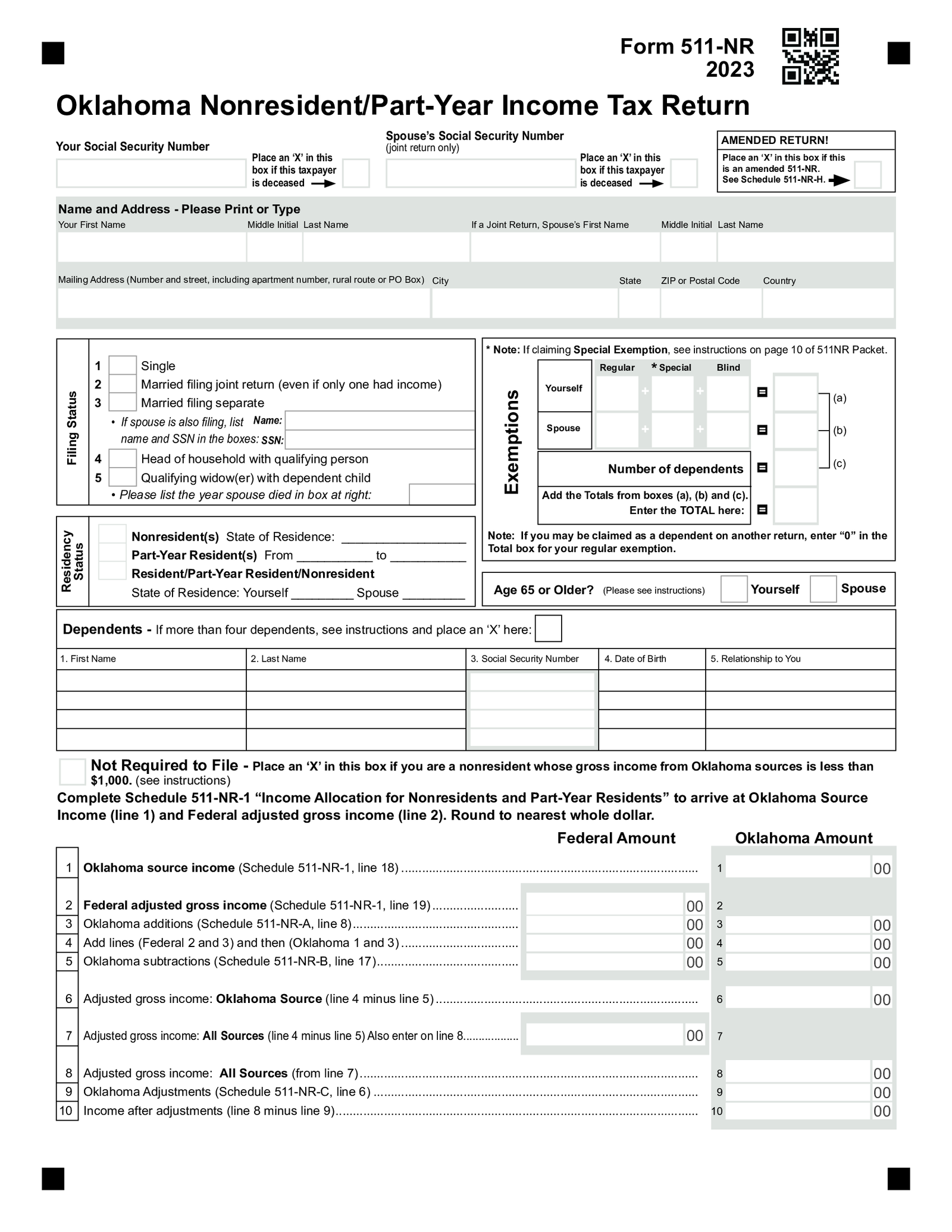 Form 511-NR (2023), Oklahoma Individual Income Tax Return Form - Thumbnail