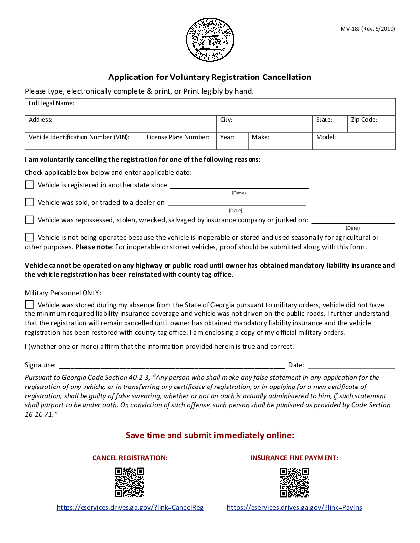 Application for Voluntary Registration Cancellation, MV-18J