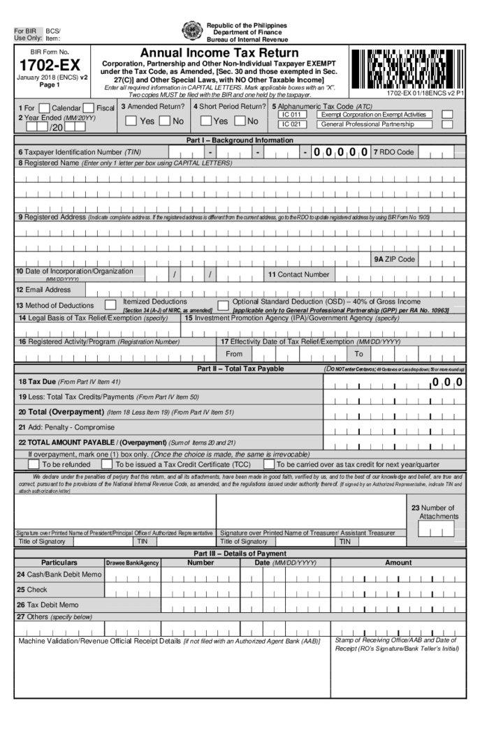 BIR Form 1702-EX