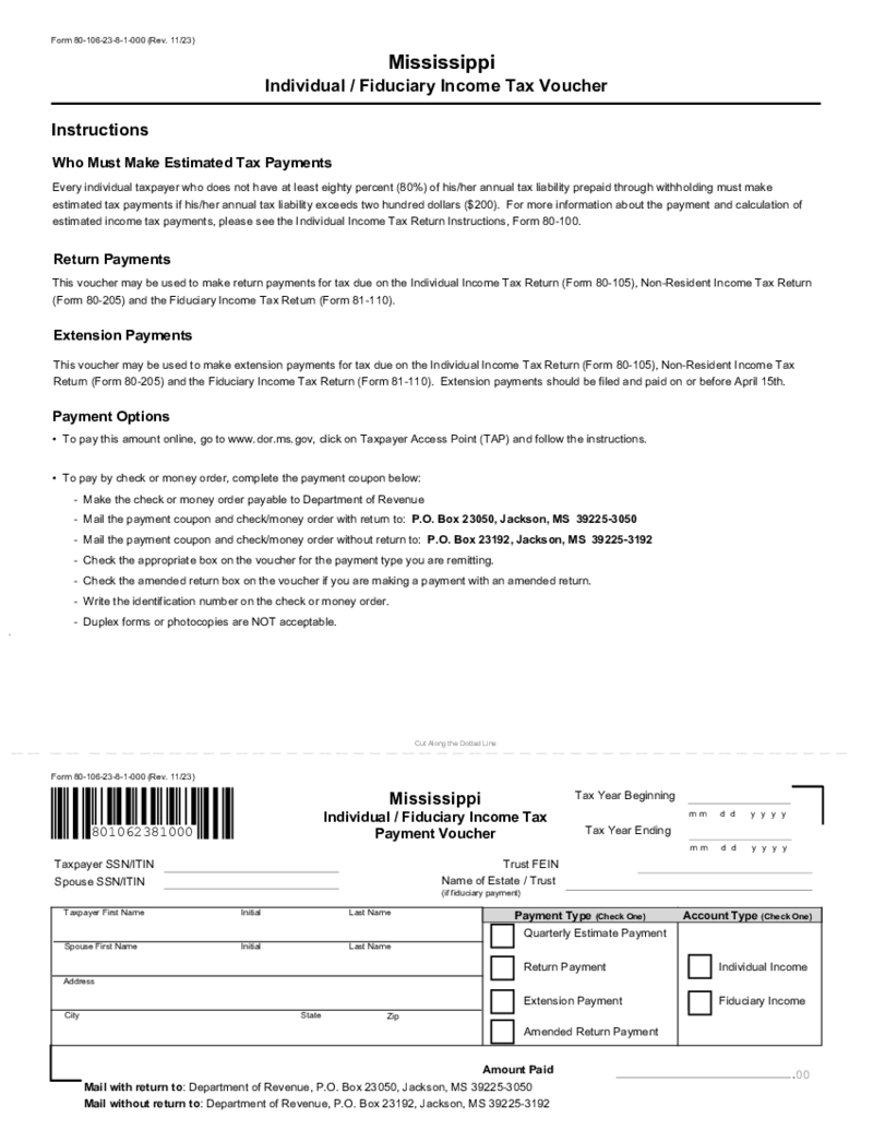 Mississippi Form 80-106 Individual-Fiduciary Income Tax Voucher