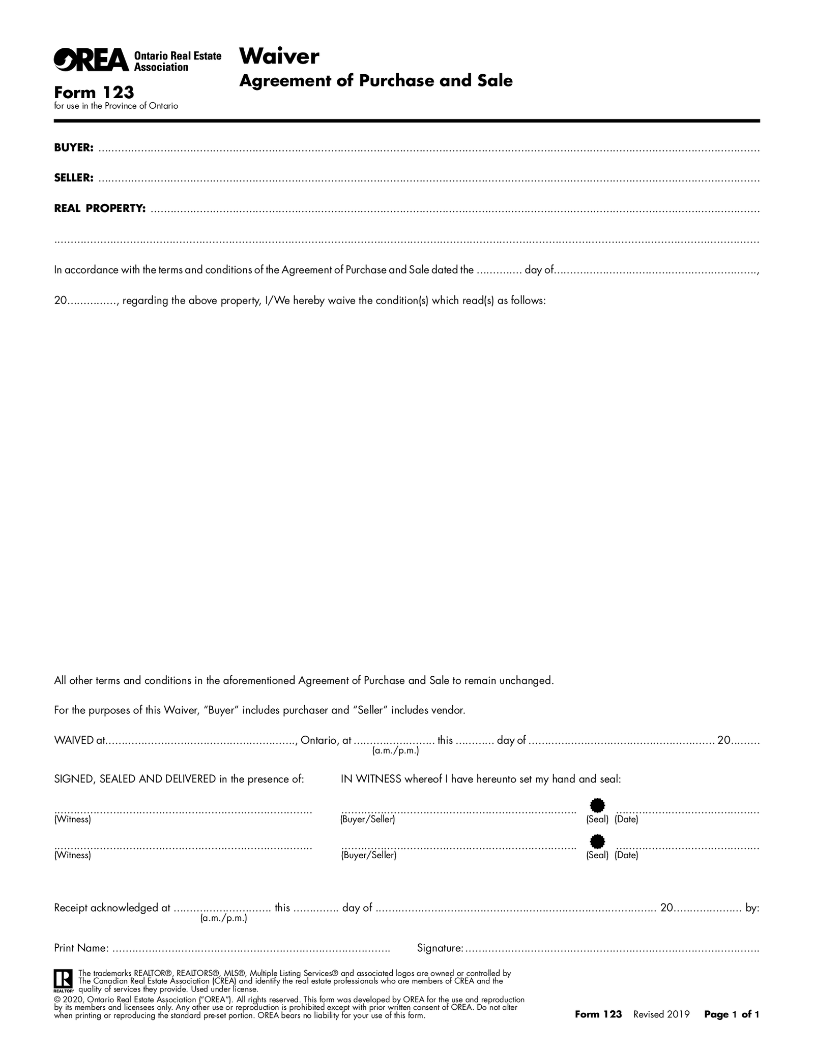 OREA Form 123, Waiver - Agreement of Purchase and Sale - Thumbnail