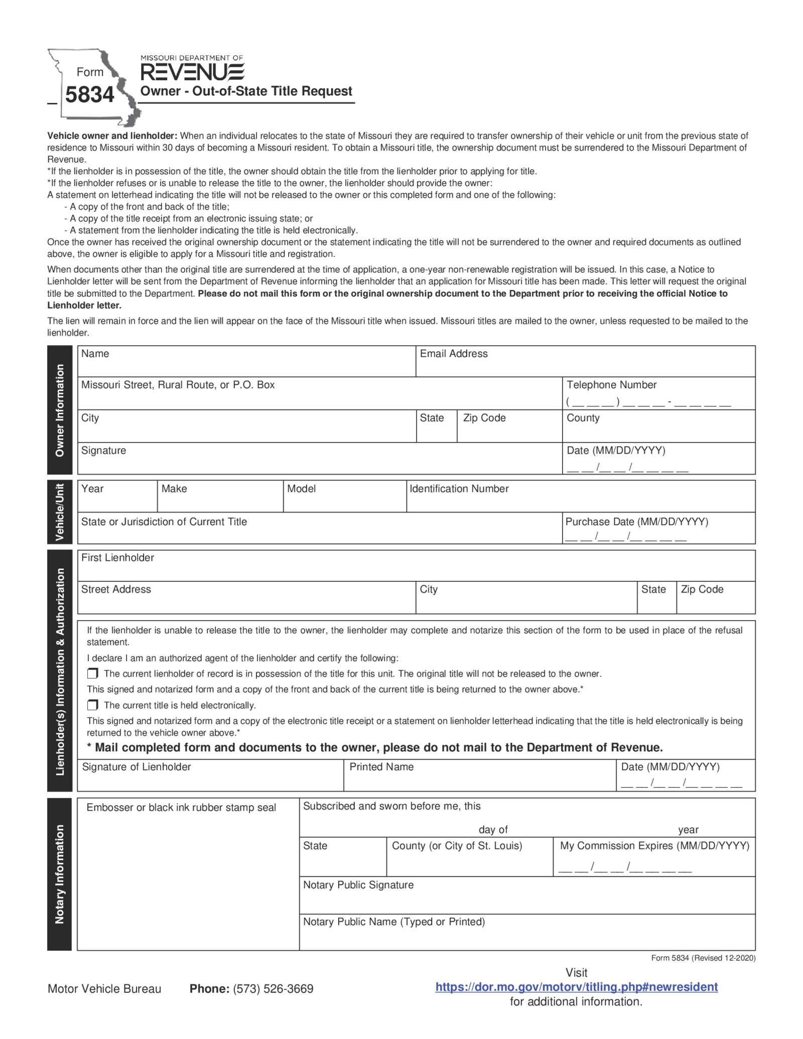 Form 5834 - Owner - Out-of-State Title Request - Thumbnail