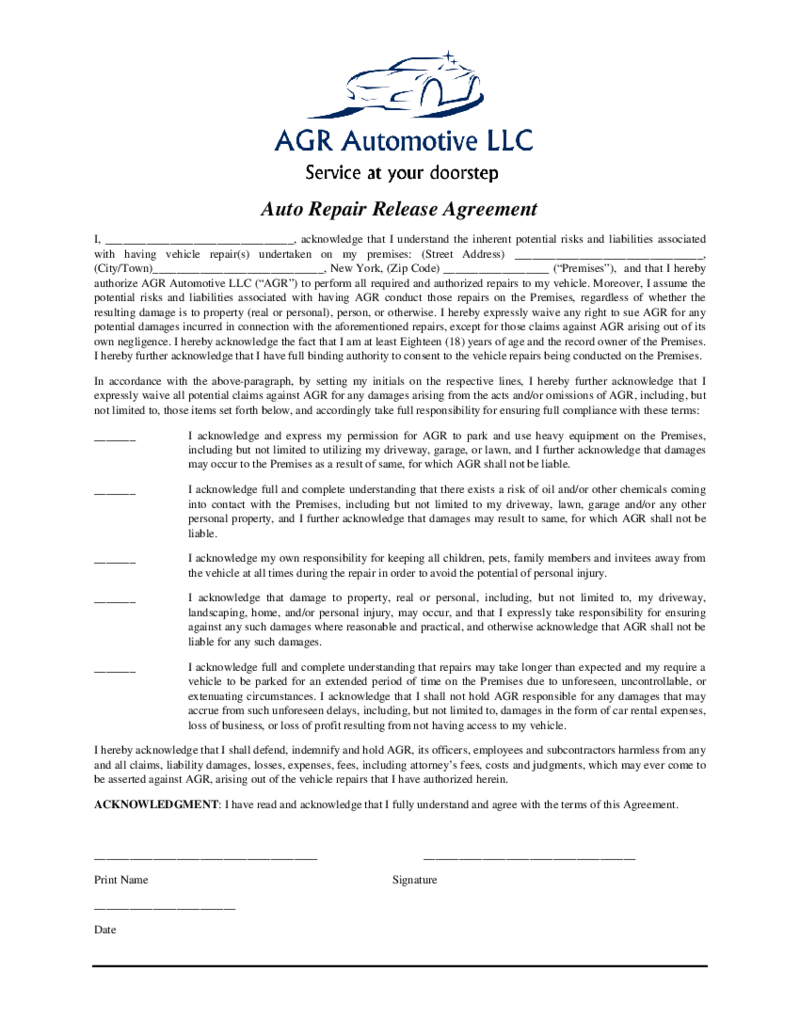 Auto Repair Release Agreement