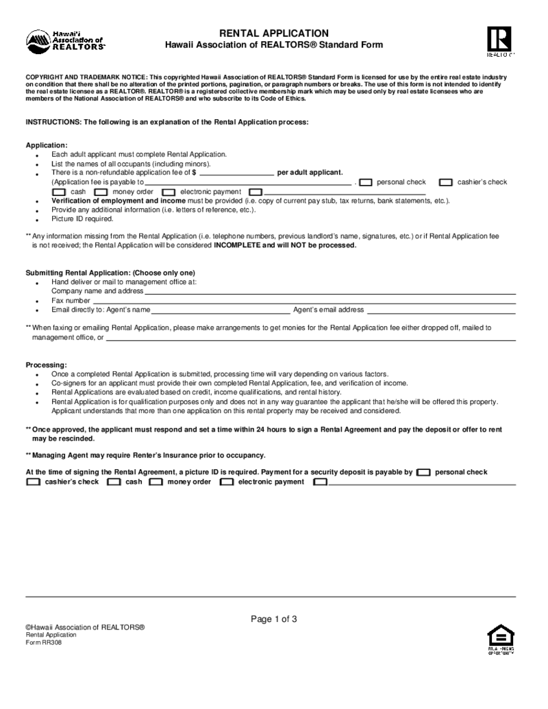 Hawaii Rental Application - Form RR308