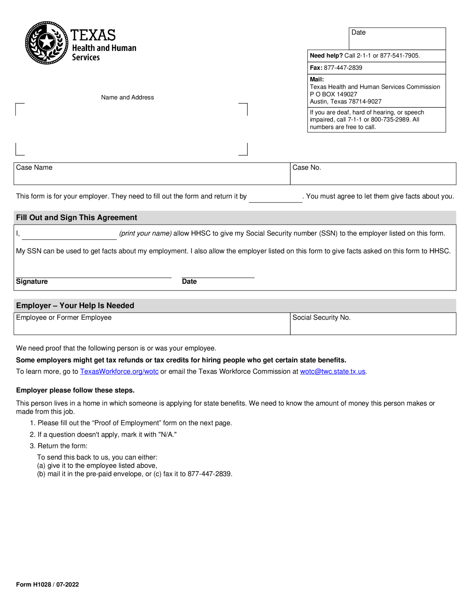 Texas Employment Verification Form - Thumbnail