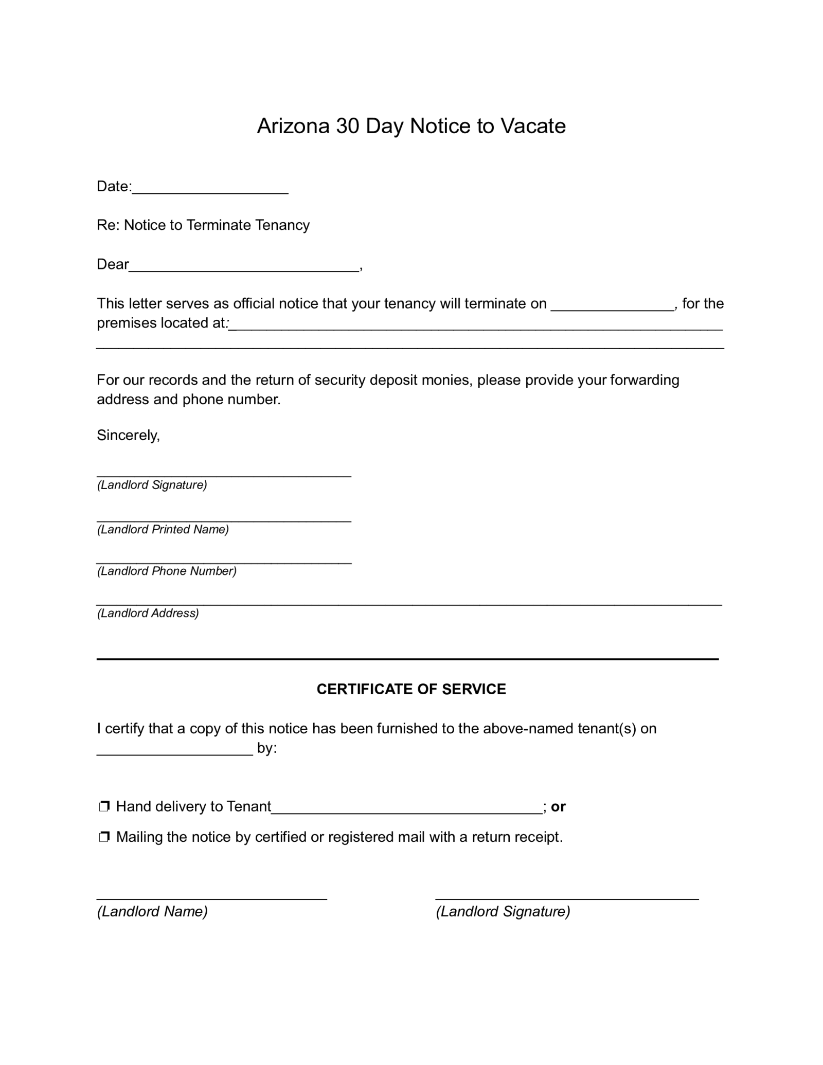 Arizona 30 Day Notice to Vacate - Thumbnail