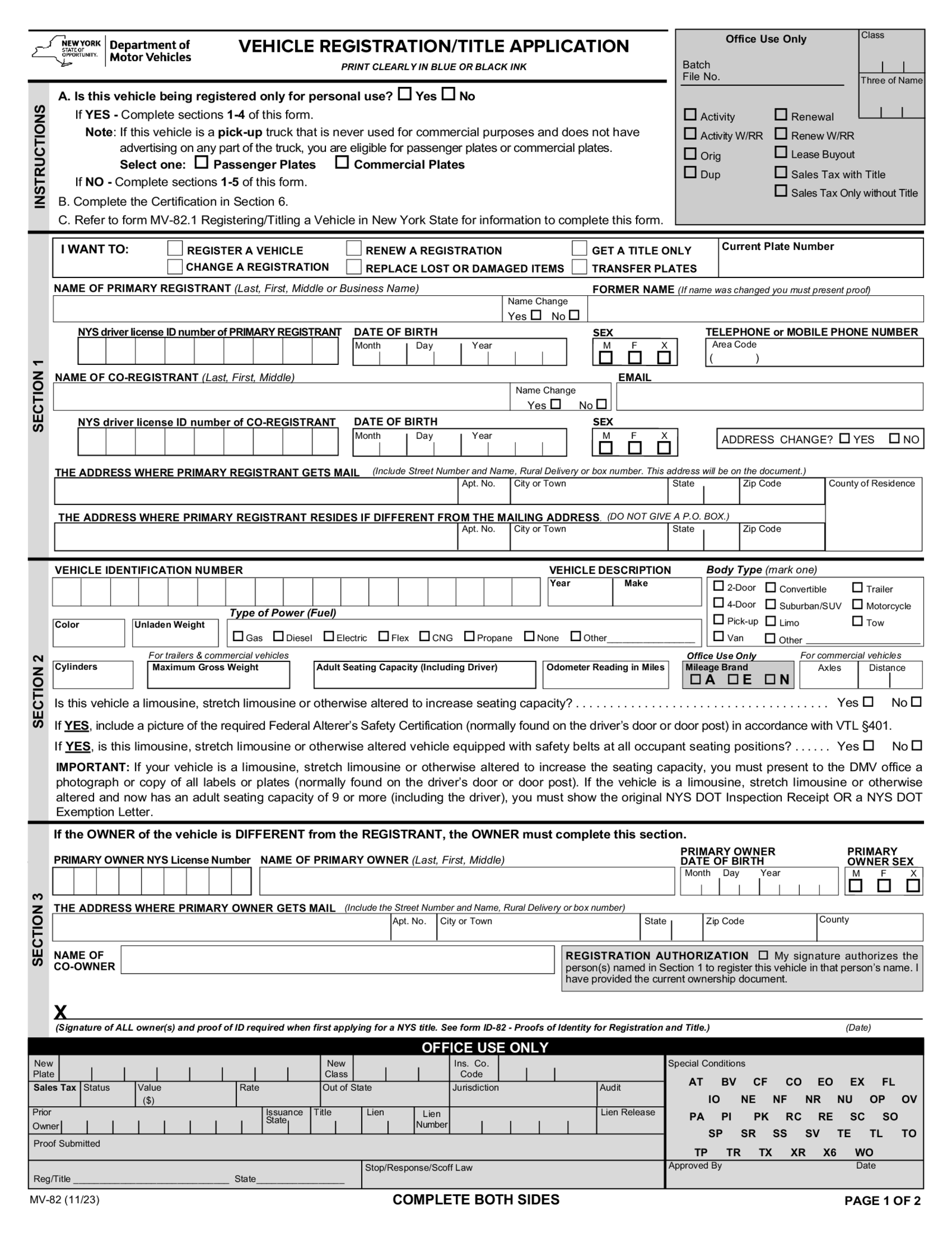 Form MV-82, Vehicle Registration Title Application - New York - Thumbnail