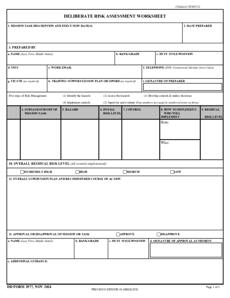 Form DD 2977, Deliberate Risk Assessment Worksheet