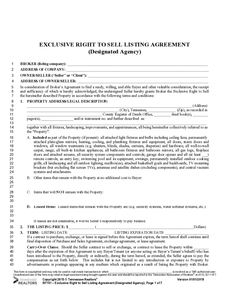 Form RF101 Exclusive Right to Sell Listing Agreement