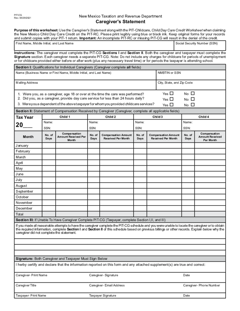 Form PIT-CG - New Mexico Caregiver Statement