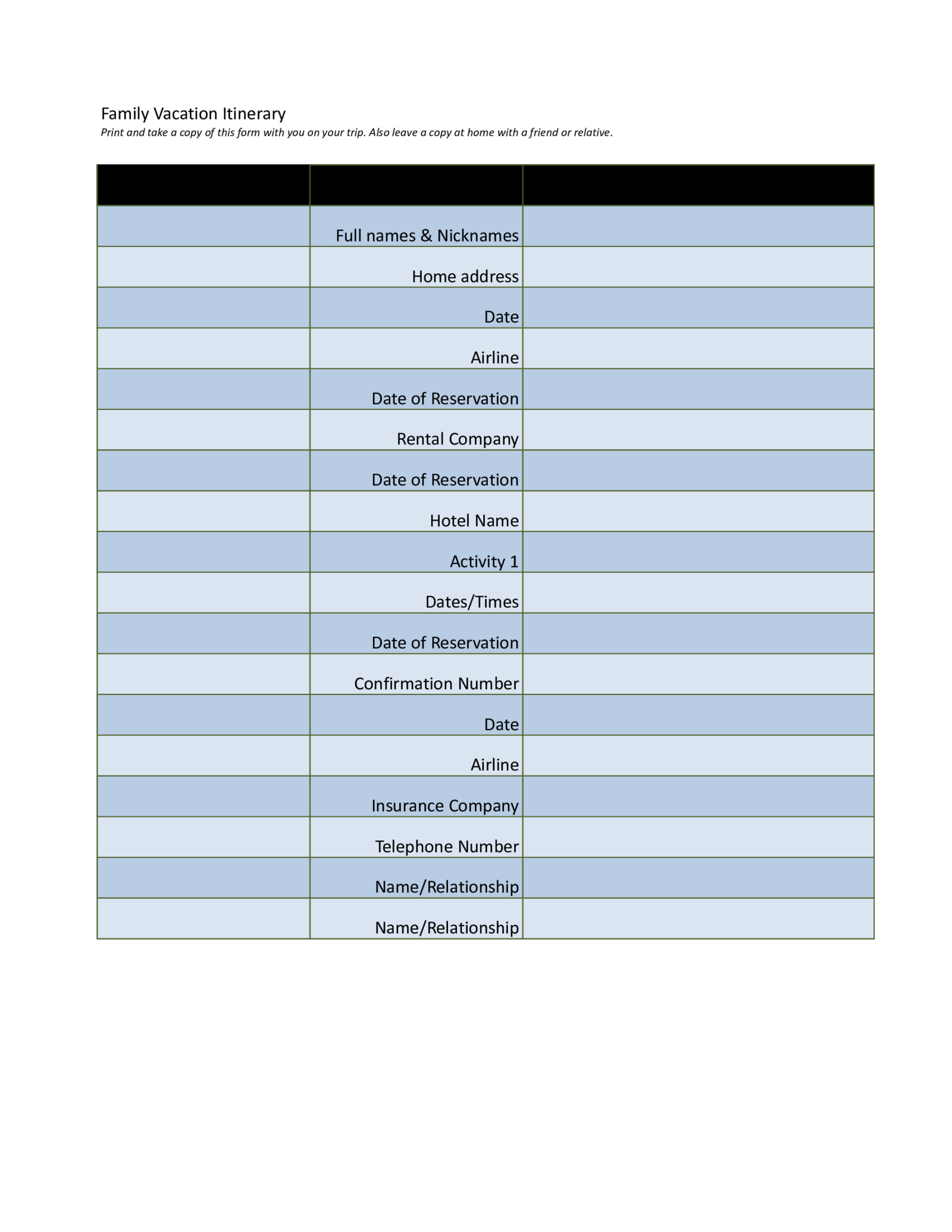 Fillable Family Vacation Itinerary Template - Thumbnail