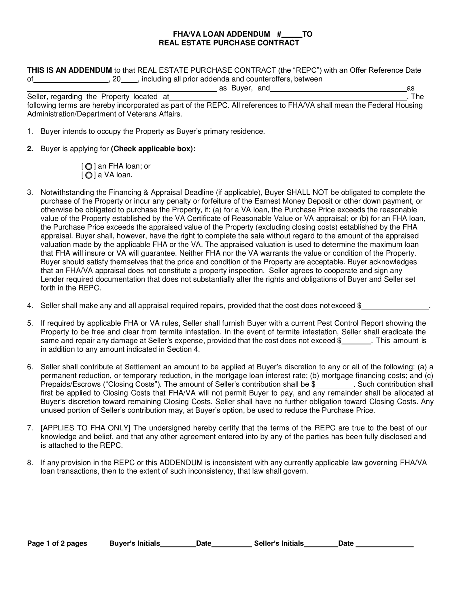 FHA - VA Loan Addendum to Real Estate Purchase Contract - Thumbnail