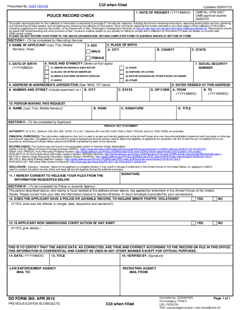 DD Form 369, Police Record Check